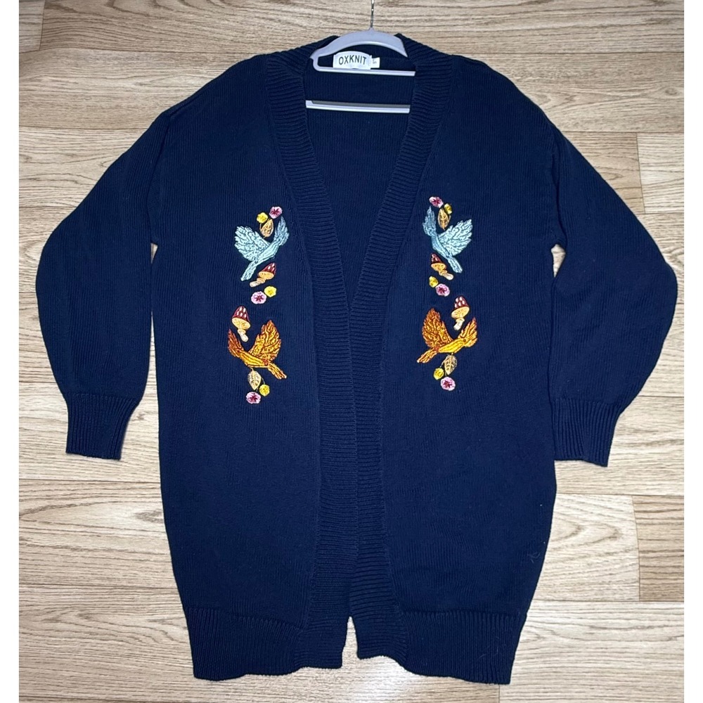 OXKNIT Navy Embroidered Bird Cardigan Boho Cottagecore Knit Sweater Cozy‎ Fall